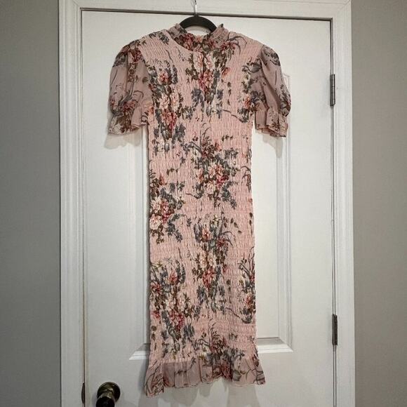 Hello Molly Pink Floral Mock Neck Ruched Bodycon Midi Dress Size Medium/US 6 - Picture 1 of 6